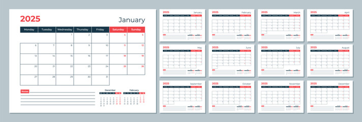 2025 calendar template. Corporate and business planner diary. The week starts on Monday. Set of 12 months pages.