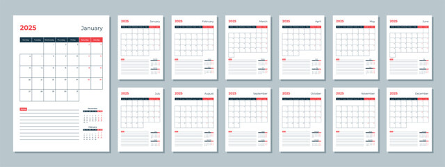 2025 calendar template. Corporate and business planner diary. The week starts on Monday. Set of 12 months pages.