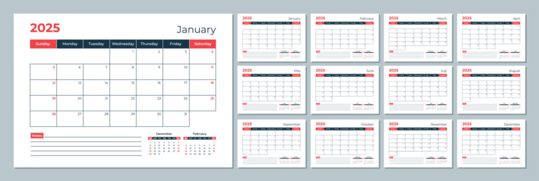 2025 calendar template. Corporate and business planner diary. The week starts on Sunday. Set of 12 months pages.