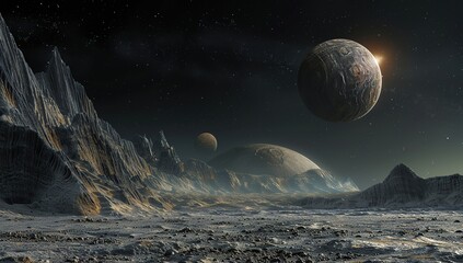 Obraz premium Alien Planet with Dark Rocky Terrain and Distant Moons, Cinematic Space Art, High Resolution Digital Painting, Soft Light on Exoplanet Horizon, Tall Mountains, Gas Giant and Moon in Orbit, Dark Sky