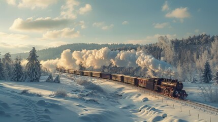 Train crossing a snowy landscape in winter