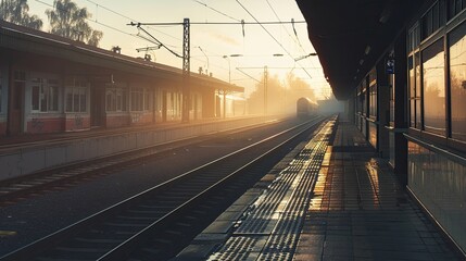 Train station at dawn with soft morning light