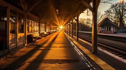 Train station at sunset with long shadows and warm light