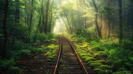 Train tracks running through a dense forest with morning mist