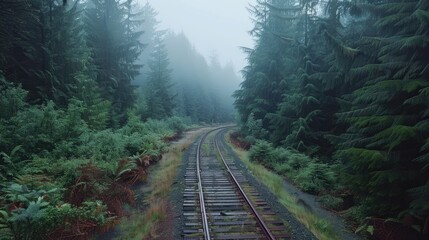 Fototapeta premium Train tracks running through a dense forest with morning mist