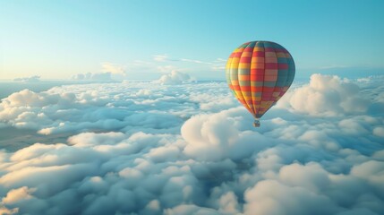 Obraz premium A vibrant hot air balloon floating above fluffy clouds during a serene sunrise, symbolizing adventure and tranquility.
