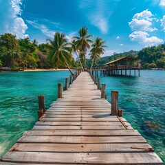 Obraz premium A stunning view of a wooden pier extending over turquoise waters, leading to a tropical beach hut surrounded by lush greenery and palm trees.