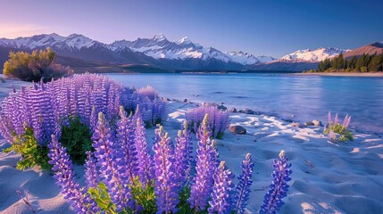 Colorful lupines by the lake with snowy mountains