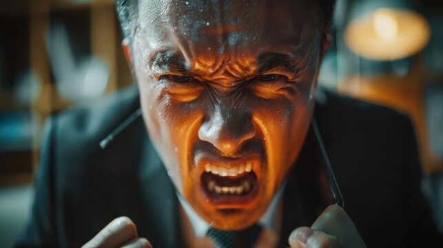 Close-up of an angry man in a suit, his face contorted in rage