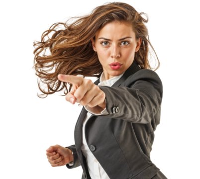 The Buck Stops Here:  A powerful businesswoman, her hair windswept, points directly at the viewer, demanding attention and action.
