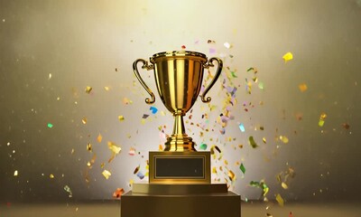 Gold shiny cup with confetti falling from the top. The golden trophy, surrounded by glitter and a celebratory atmosphere, is the epitome of success and winning in a prestigious event.
