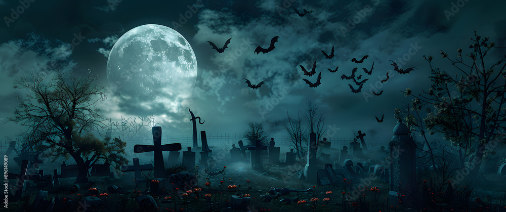 Canvas Prints Zombie Rising Out Of A Graveyard cemetery In Spooky scary dark Night full moon bats on tree. Holiday event halloween banner background concept.