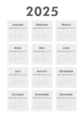 Black and white vertical classic calendar 2025 year. Week starts on Monday. Desk or wall calendar in minimalist style