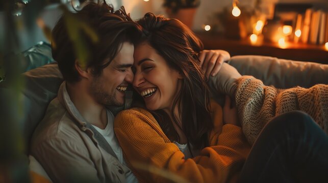 Happy couple cuddling on the couch, sharing a loving moment in a cozy, warmly lit room filled with holiday decorations during the evening.