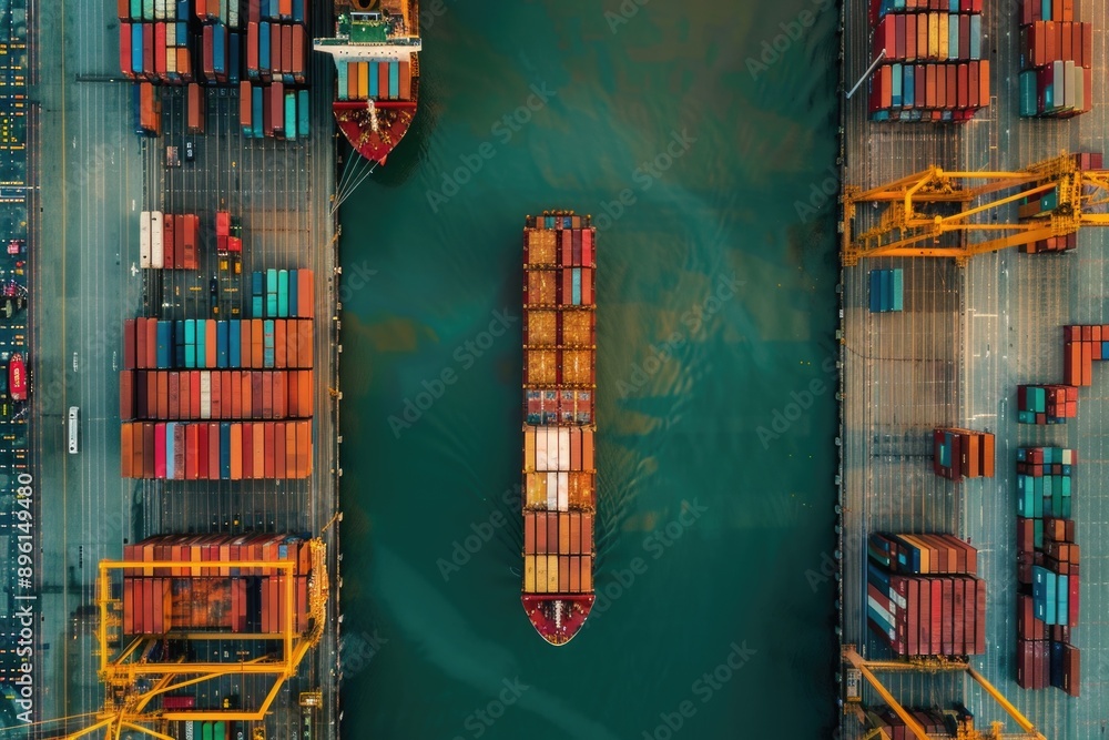 Poster aerial view of a large container ship sailing on calm waters, ideal for transportation or logistics 