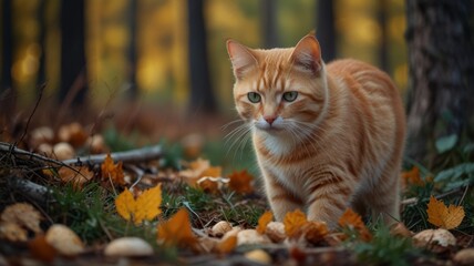 A ginger cat in a jacket collects mushrooms in a basket in the autumn forest