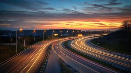 Fototapeta premium A beautiful sunset over a winding highway, showcasing light trails from vehicles in motion against a vibrant sky.