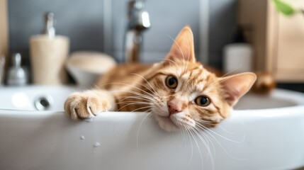 Close-up of an orange tabby cat lounging in a white bathroom sink with a blurred bathroom background.
