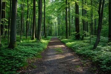 Obraz premium A serene forest pathway surrounded by lush green trees, inviting exploration and offering tranquility in nature's embrace.