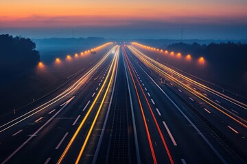 Obraz premium A stunning capture of a highway at dusk, showcasing vibrant light trails and a serene atmosphere.