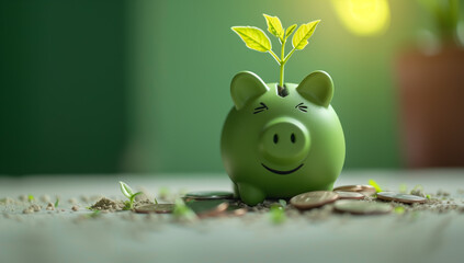 Green Piggy Bank with Coins and Growing Plant in Sunlight, Symbolizing Eco-Friendly Savings and Sustainable Financial Growth