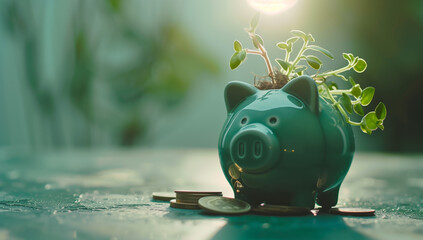 Green Piggy Bank with Coins and Growing Plant in Sunlight, Symbolizing Eco-Friendly Savings and Sustainable Financial Growth