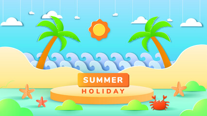 Obraz premium Summer holiday podium with paper cut style symbols and icons for greeting cards. Invitation background. Ideal for advertising, banners, cards, stickers and greeting card.