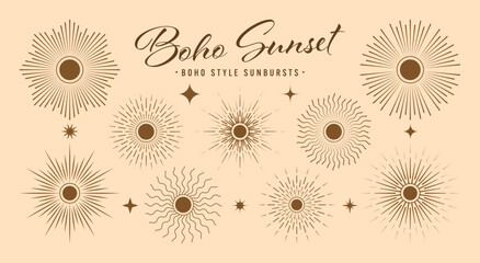 Vintage sunburst, sunset beams collection. Boho style, modern minimalist bohemian design. Hand drawn bursting sun, light rays. Logotype or lettering design element in retro style. Vector illustration