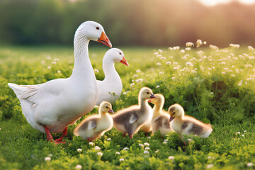 Obraz premium group of white geese with little goslings walks through a green meadow