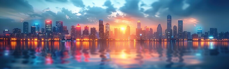 Nighttime view of a city skyline with a lake and a bright sun