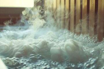 A mesmerizing close-up of swirling steam rising from a sauna infusion, evoking a sense of relaxation and serenity. The delicate tendrils of vapor dance in the air, inviting the viewer to unwind.