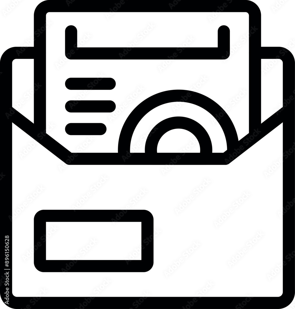 Poster simple black and white icon of an envelope containing a document with statistics and a pie chart