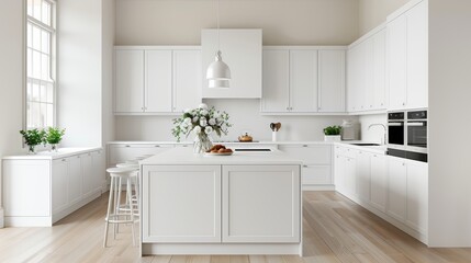 A bright and airy kitchen with white cabinets, a large island, and fresh flowers, with copy space, high-resolution photo, realistic photo, hyper realistic