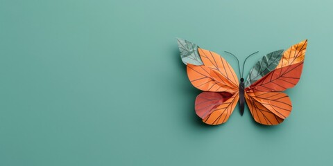 Orange butterfly wings made of leaves on a teal background.