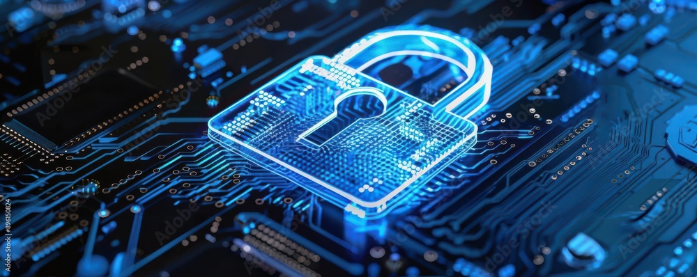 Poster a glowing digital padlock on a circuit board, symbolizing cybersecurity and data protection in the m