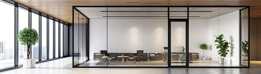 A contemporary office door with a minimalist black frame and a large, clear glass panel