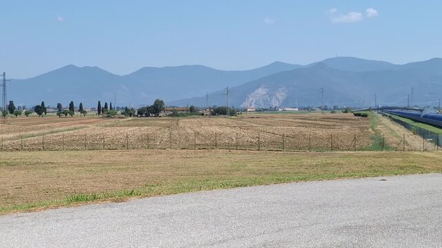 Cascina, province of Pisa, Tuscany, Italy: Two arms of VIRGO, the ESO interferometer for gravitational wave detection