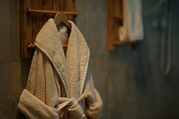 A plush spa robe hangs from a rustic wooden hook, evoking feelings of serenity and tranquility. The soft folds of the robe seem to whisper relaxation.