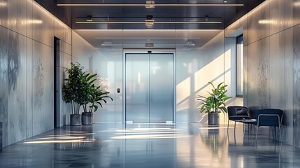 Obraz premium A high-tech office door with smart lock technology and a sleek, seamless design