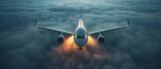 A plane is flying through a cloudy sky