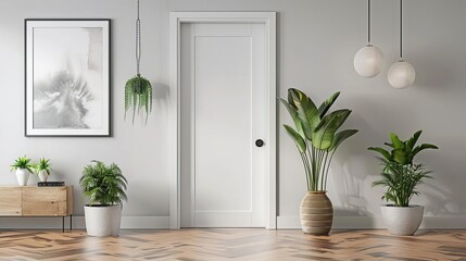 A minimalist office door with a clean white frame, surrounded by modern decor and potted plants