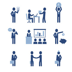 Fototapeta premium Corporate concept icon set. Simple blue pictograms with office characters isolated on white background.