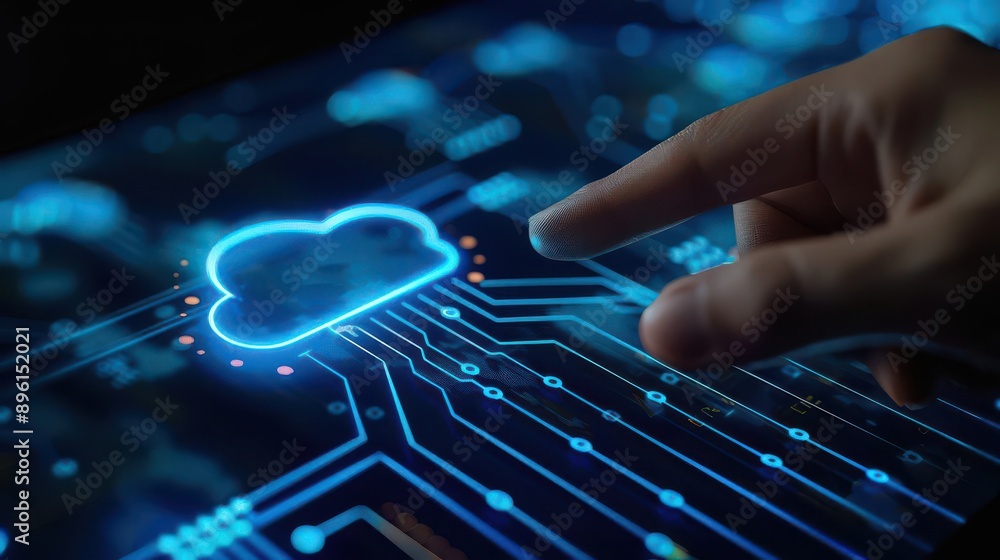 Poster a professional hand pointing at a secure cloud computing icon on a virtual network panel blue cyber 