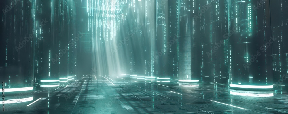 Poster futuristic digital corridor with glowing lights, creating a mysterious atmosphere. ideal for technol