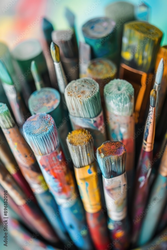 Poster a group of paintbrushes stacked and stored in a cup