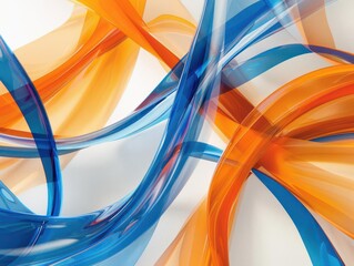 A vibrant swirl of blue and orange transparent ribbons creating a dynamic and modern visual effect.