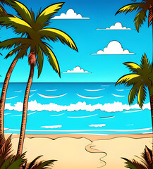 Obraz premium Bright summer beach illustration.sun palm trees landscape.drawing.poster.wallpaper.generative ai
