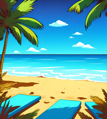 Obraz premium Bright summer beach illustration.sun palm trees landscape.drawing.poster.wallpaper.generative ai