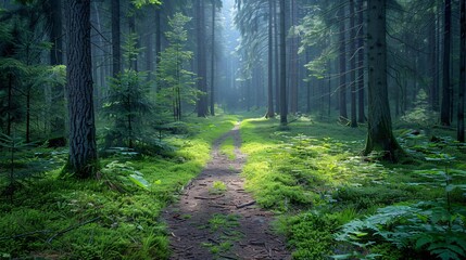 A sunlit path winds through a dense evergreen forest, with tall trees and lush green foliage