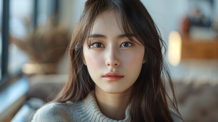 Obraz premium A young woman with long dark hair looks directly at the camera indoors. She has a neutral expression and is wearing a light-colored sweater